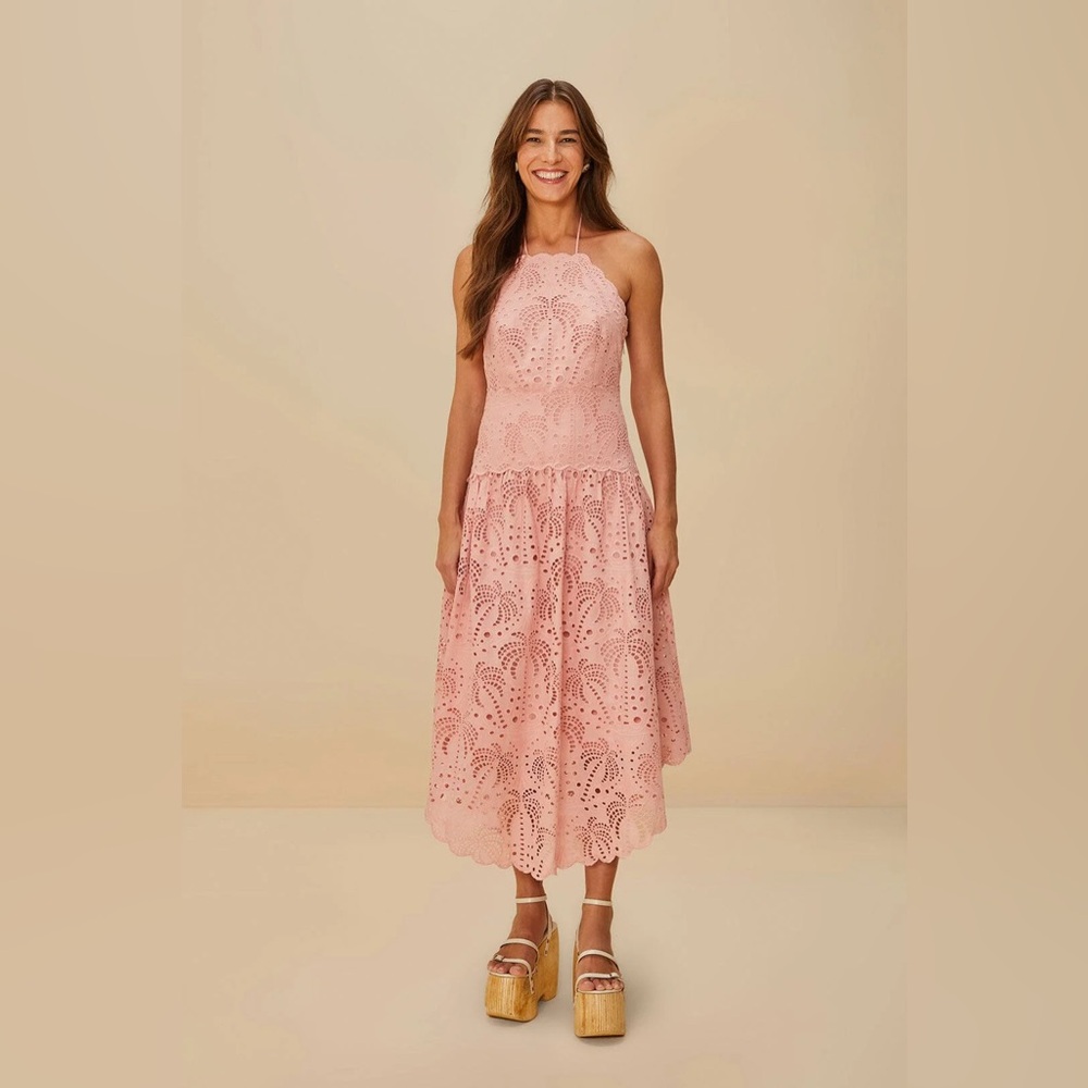 FARM RIO Blush Pink Palm Tree Eyelet Midi Dress - Picture 2 of 4